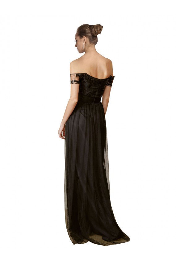 Compre Negro línea A Hombros Descubiertos Tul Lentejuela Largo Vestidos de dama de honor