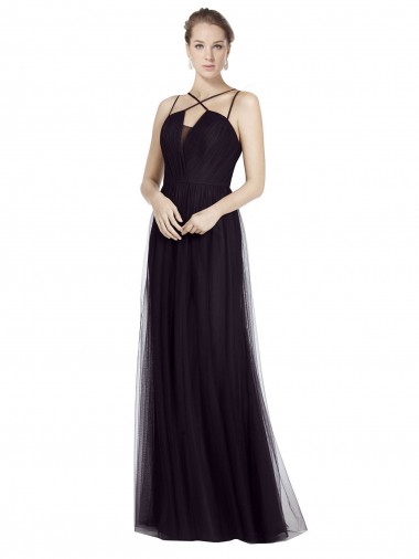 Compre Negro línea A Tirantes espagueti Cuello Alto Tul Largo Vestidos de dama de honor