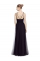 Compre Negro línea A Tirantes espagueti Cuello Alto Tul Largo Vestidos de dama de honor