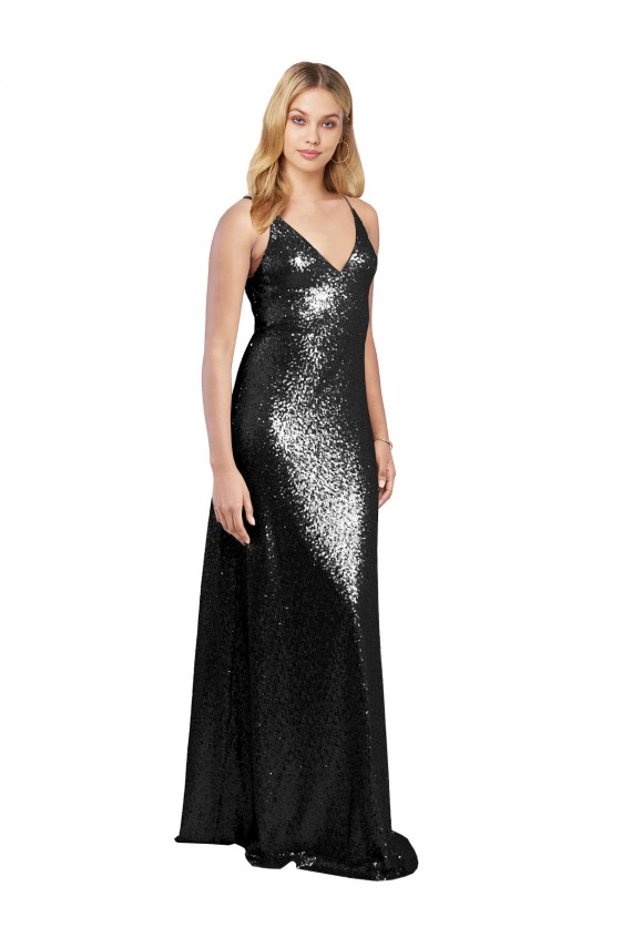 Compre Negro línea A Tirantes espagueti Cuello en V Lentejuela Largo Formales Vestidos de dama de honor / Vestidos de fiesta