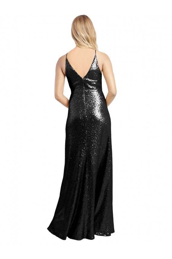 Compre Negro línea A Tirantes espagueti Cuello en V Lentejuela Largo Formales Vestidos de dama de honor / Vestidos de fiesta