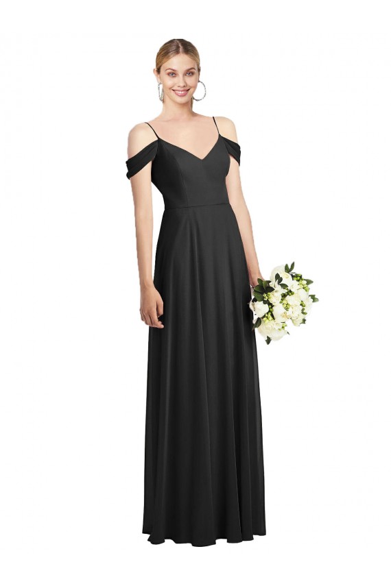 Compre Negro línea A Tirantes espagueti Gasa Largo Vestidos de dama de honor