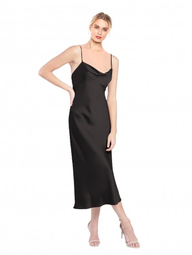 Compre Negro línea A Tirantes espagueti Midi Satén elástico Corto Formales Vestidos de dama de honor / Vestidos de fiesta / Vestidos de cóctel