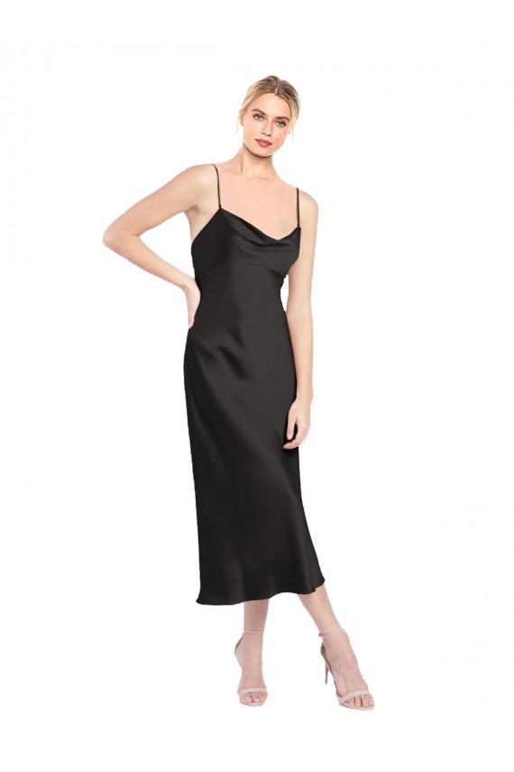 Compre Negro línea A Tirantes espagueti Midi Satén elástico Corto Formales Vestidos de dama de honor / Vestidos de fiesta / Vestidos de cóctel