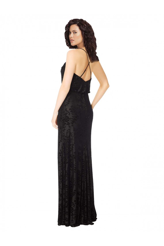 Compre Negro línea A Tirantes espagueti Terciopelo floral Terciopelo Elástico Largo Vestidos de dama de honor