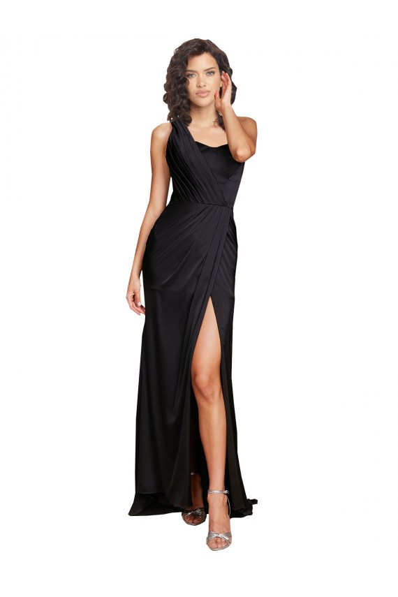 Compre Negro línea A Un Hombre Satén sedoso Largo Formales Vestidos de dama de honor / Vestidos de fiesta