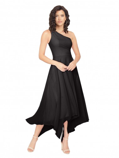 Compre Negro línea A Un Hombre Sin tirantes Midi Gasa Corto Asimétrico Vestidos de dama de honor / Vestidos de cóctel / Vestidos para homecoming