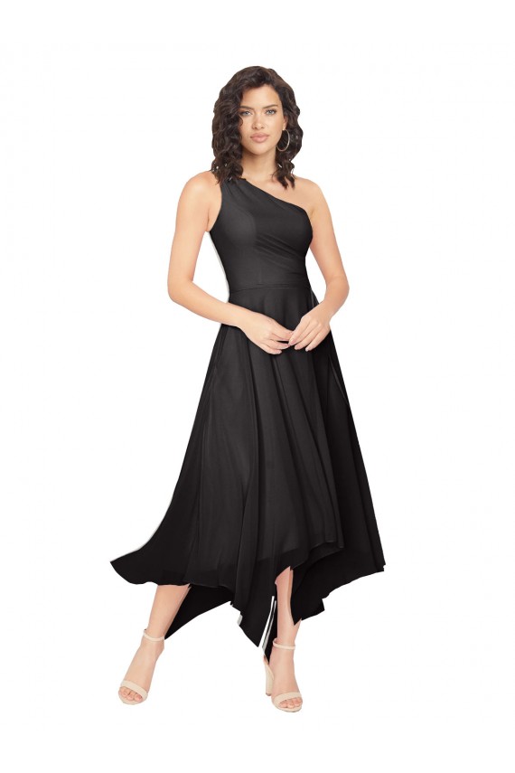 Compre Negro línea A Un Hombre Sin tirantes Midi Gasa Corto Asimétrico Vestidos de dama de honor / Vestidos de cóctel / Vestidos para homecoming