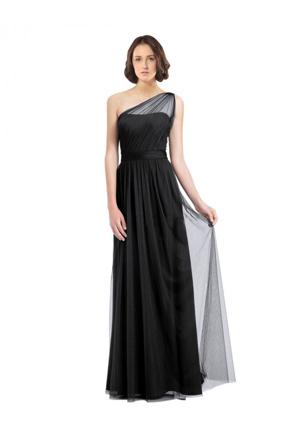 Compre Negro línea A Un Hombre Tul Largo Vestidos de dama de honor