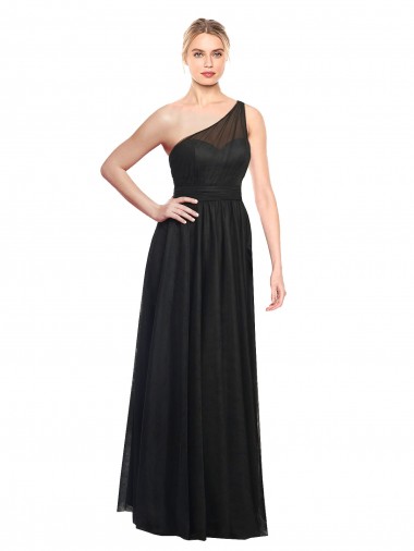Compre Negro línea A Un Hombre Tul Largo Vestidos de dama de honor