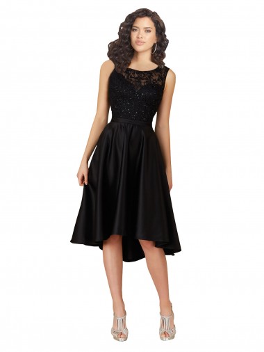 Compre Negro línea A Ilusión Midi Satén Encaje Corto Asimétrico Vestidos de dama de honor / Vestidos de cóctel / Vestidos para homecoming