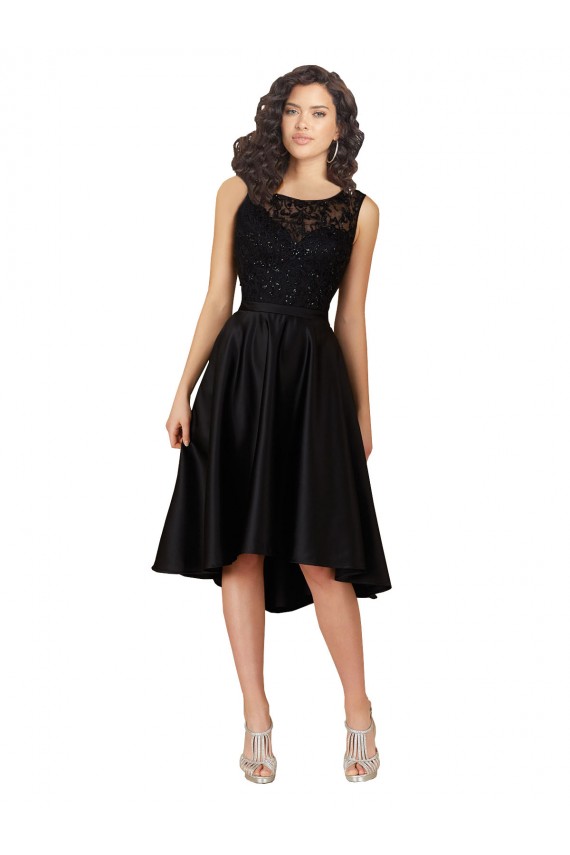Compre Negro línea A Ilusión Midi Satén Encaje Corto Asimétrico Vestidos de dama de honor / Vestidos de cóctel / Vestidos para homecoming