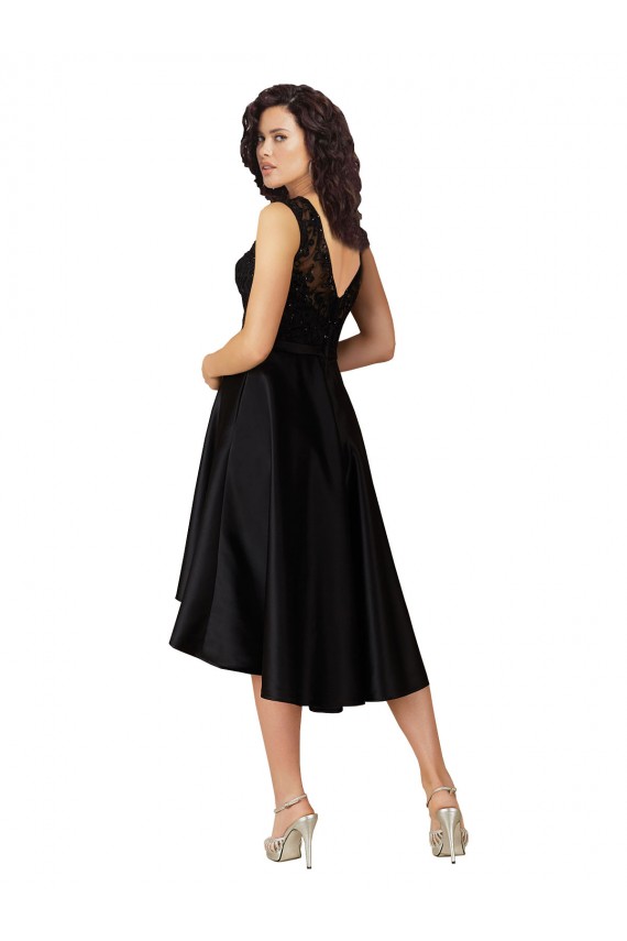 Compre Negro línea A Ilusión Midi Satén Encaje Corto Asimétrico Vestidos de dama de honor / Vestidos de cóctel / Vestidos para homecoming