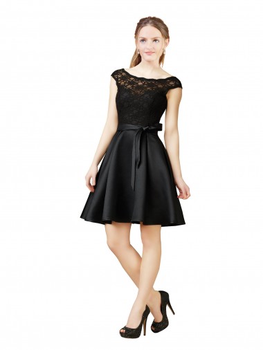 Compre Negro línea A Ilusión Satén Encaje Corto Vestidos de dama de honor / Vestidos de cóctel