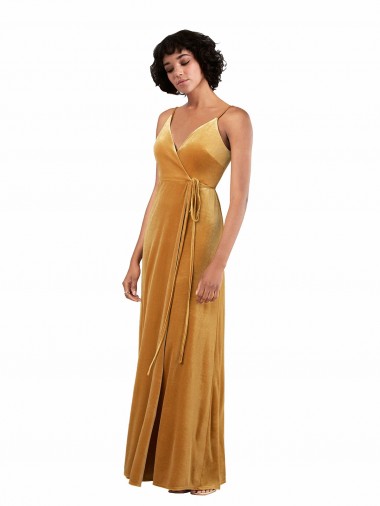 Compre Oro Columna Cuello en V Terciopelo Elástico Largo Formales Vestidos de dama de honor / Vestidos de fiesta