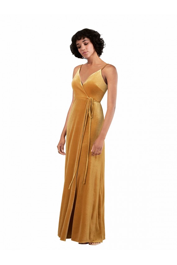 Compre Oro Columna Cuello en V Terciopelo Elástico Largo Formales Vestidos de dama de honor / Vestidos de fiesta