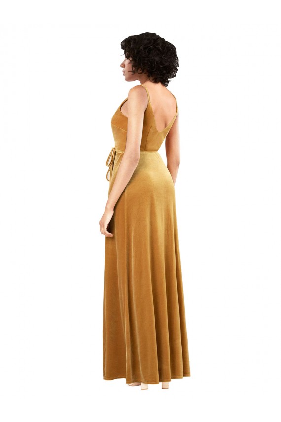 Compre Oro Columna Cuello en V Terciopelo Elástico Largo Formales Vestidos de dama de honor / Vestidos de fiesta