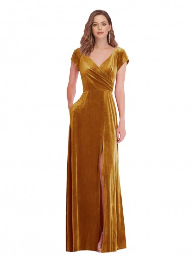 Compre Oro Cubierta Cuello en V Terciopelo Elástico Largo Formales Vestidos de dama de honor / Vestidos de fiesta