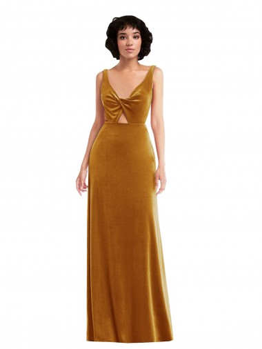 Compre Oro Trompeta Cuello en V Terciopelo Elástico Largo Vestidos de dama de honor / Vestidos de fiesta