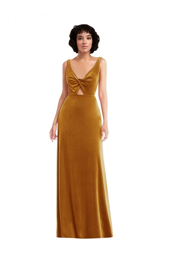 Compre Oro Trompeta Cuello en V Terciopelo Elástico Largo Vestidos de dama de honor / Vestidos de fiesta