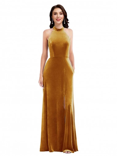 Compre Oro Trompeta Halter Cuello Alto Terciopelo Elástico Largo Vestidos de dama de honor / Vestidos de fiesta