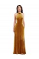 Compre Oro Trompeta Halter Cuello Alto Terciopelo Elástico Largo Vestidos de dama de honor / Vestidos de fiesta