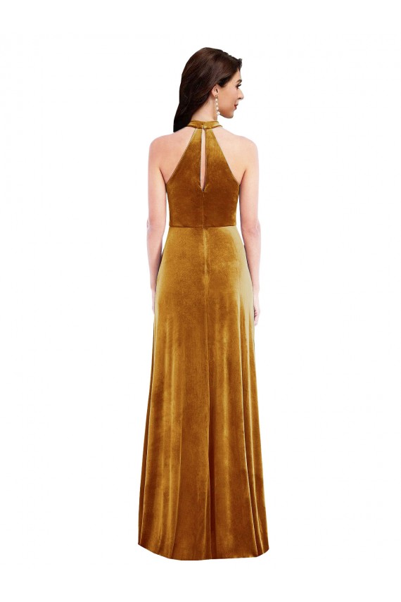 Compre Oro Trompeta Halter Cuello Alto Terciopelo Elástico Largo Vestidos de dama de honor / Vestidos de fiesta