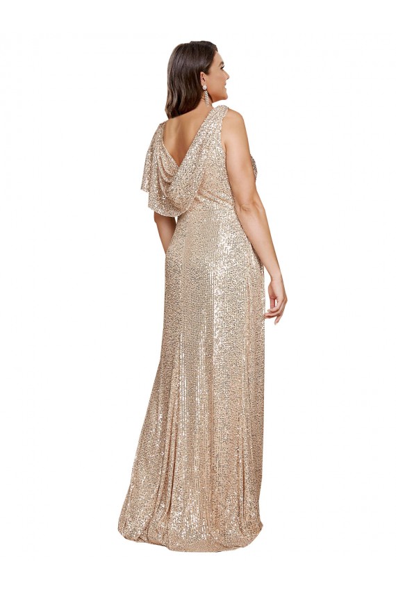 Compre Oro línea A Cuello en V Lentejuela Largo Formales Vestidos de dama de honor / Vestidos de fiesta