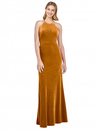 Compre Oro línea A Halter Cuello Alto Terciopelo Elástico Largo Formales Vestidos de dama de honor / Vestidos de fiesta