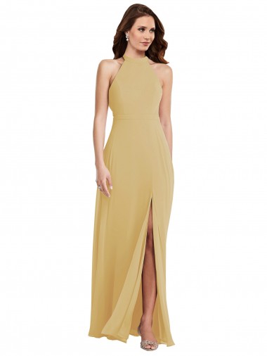 Compre Oro línea A Halter Gasa Largo Vestidos de dama de honor