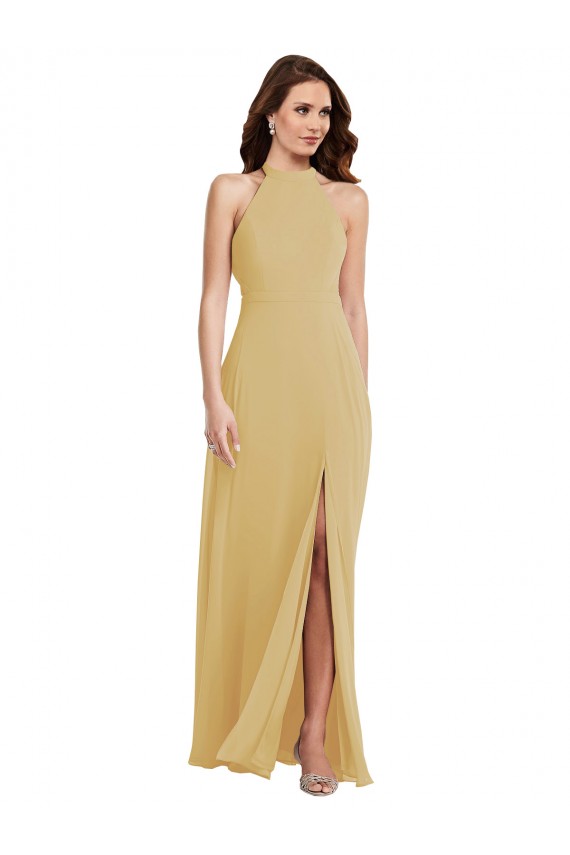 Compre Oro línea A Halter Gasa Largo Vestidos de dama de honor
