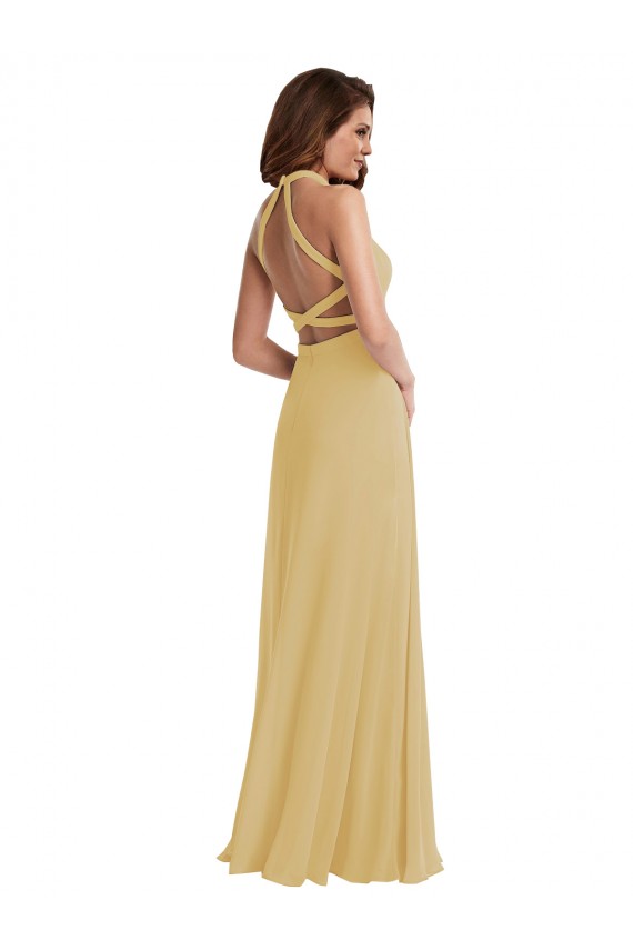 Compre Oro línea A Halter Gasa Largo Vestidos de dama de honor
