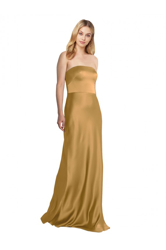 Compre Oro línea A Sin tirantes Satén elástico Largo Formales Vestidos de dama de honor / Vestidos de fiesta