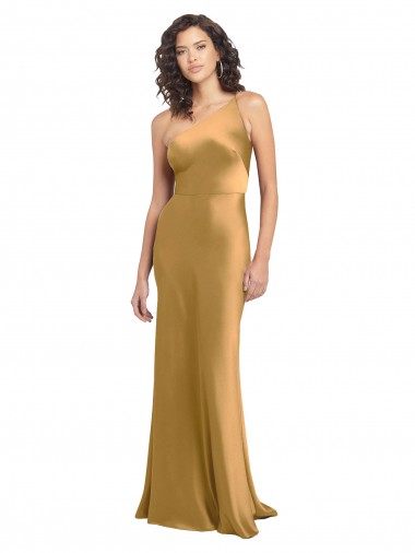 Compre Oro línea A Un Hombre Satén elástico Largo Formales Vestidos de dama de honor / Vestidos de fiesta