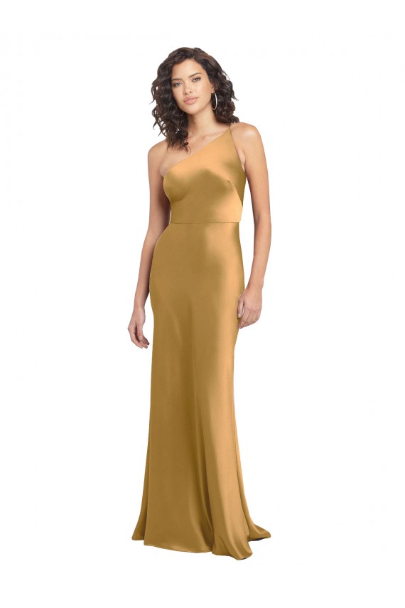 Compre Oro línea A Un Hombre Satén elástico Largo Formales Vestidos de dama de honor / Vestidos de fiesta