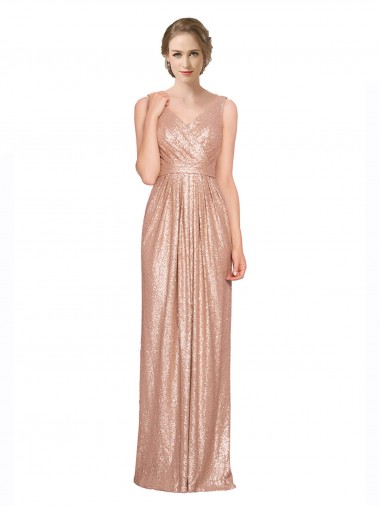 Compre Oro rosa Cubierta Cuello en V Lentejuela Largo Formales Vestidos de dama de honor / Vestidos de fiesta