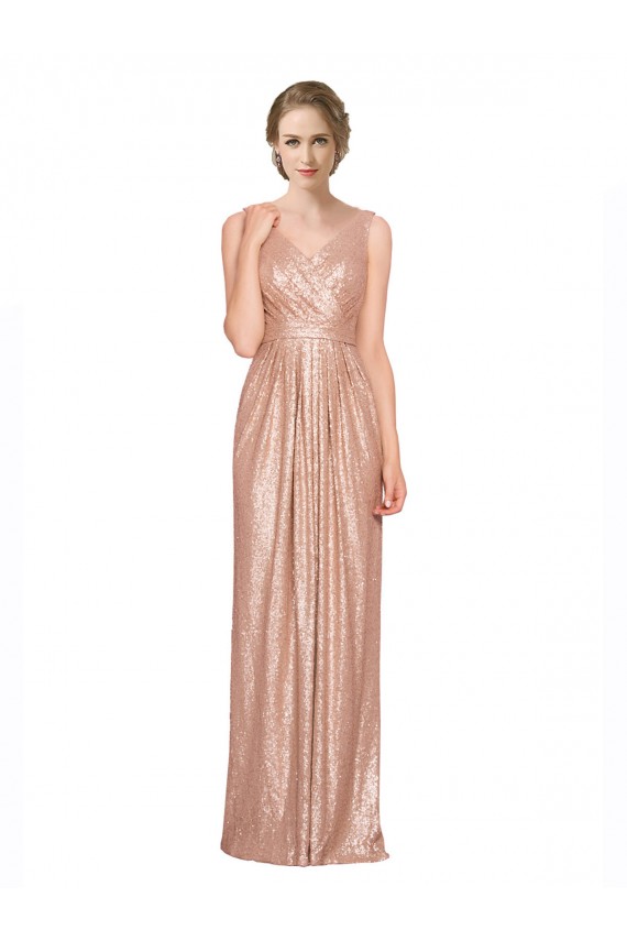 Compre Oro rosa Cubierta Cuello en V Lentejuela Largo Formales Vestidos de dama de honor / Vestidos de fiesta
