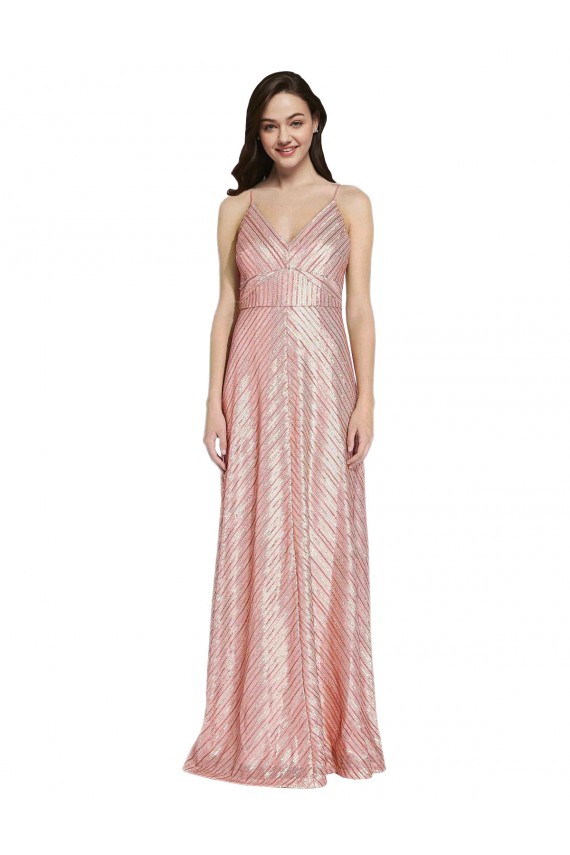 Compre Oro rosa Cubierta Cuello en V Lentejuela Largo Formales Vestidos de dama de honor / Vestidos de fiesta
