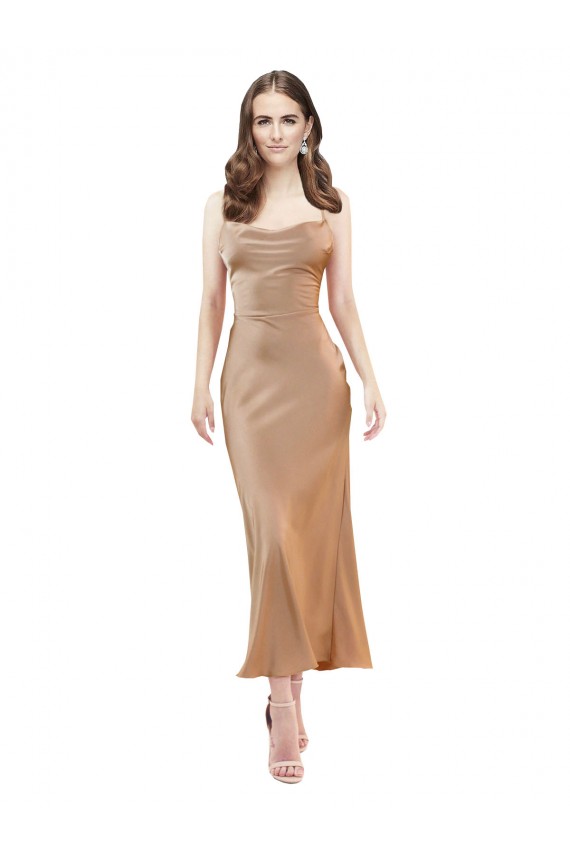 Compre Oro rosa Cubierta Midi Satén sedoso Corto Formales Vestidos de dama de honor / Vestidos de fiesta / Vestidos de cóctel