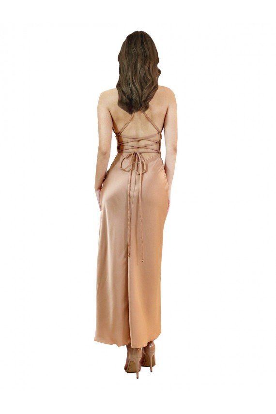 Compre Oro rosa Cubierta Midi Satén sedoso Corto Formales Vestidos de dama de honor / Vestidos de fiesta / Vestidos de cóctel