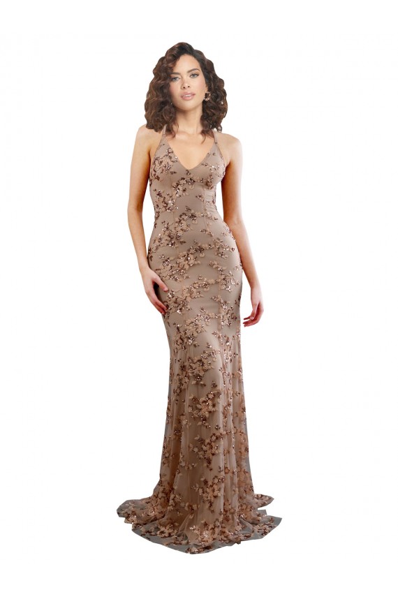Compre Oro rosa Sirena Cuello en V Cuello Alto Crepé Elástico Lentejuela Tul Largo Formales Vestidos de dama de honor / Vestidos de fiesta