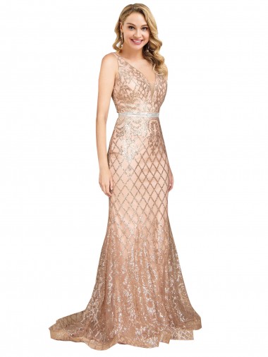 Compre Oro rosa Sirena Cuello en V Lentejuela Lentejuelas brillantes Largo Formales Vestidos de dama de honor / Vestidos de fiesta