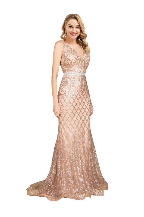 Compre Oro rosa Sirena Cuello en V Lentejuela Lentejuelas brillantes Largo Formales Vestidos de dama de honor / Vestidos de fiesta