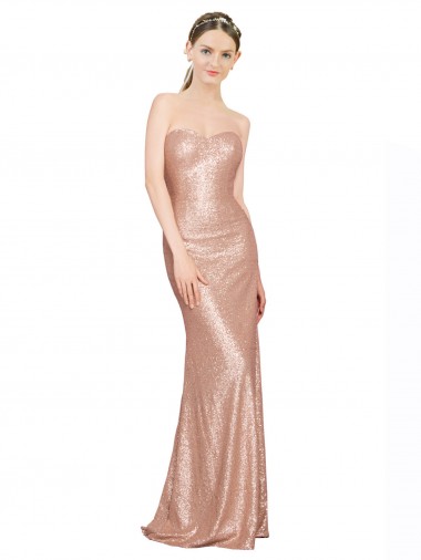 Compre Oro rosa línea A Cuello de Corazón Lentejuela Largo Formales Vestidos de dama de honor / Vestidos de fiesta