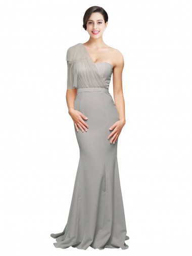 Compre Ostra Plata Sirena Un Hombre Cuello de Corazón Barrer tren Crepé Elástico Tul Largo Formales Vestidos de dama de honor / Vestidos de fiesta