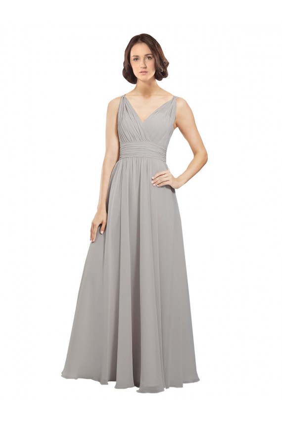 Compre Ostra Plata línea A Cuello en V Gasa Largo Vestidos de dama de honor