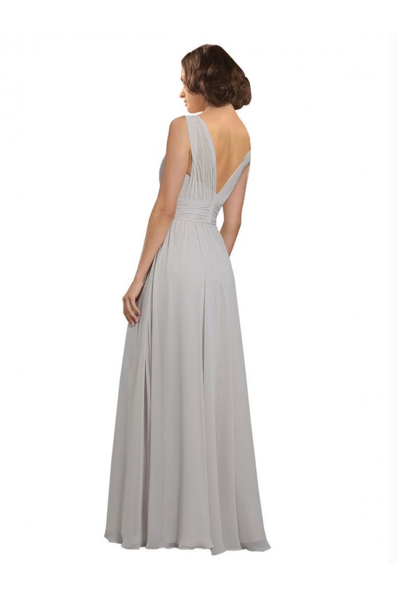Compre Ostra Plata línea A Cuello en V Gasa Largo Vestidos de dama de honor
