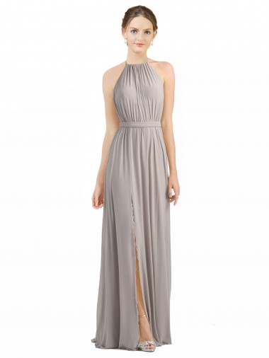 Compre Ostra Plata línea A Halter Gasa Largo Vestidos de dama de honor