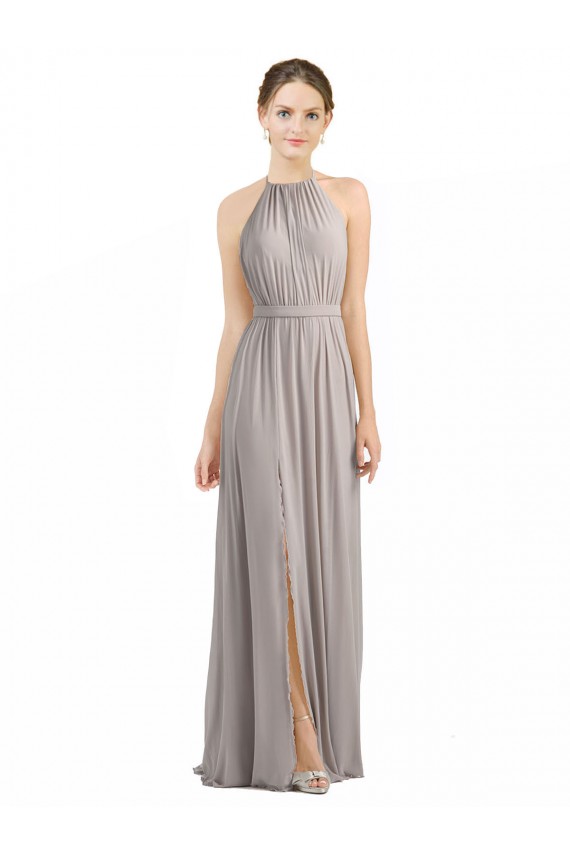 Compre Ostra Plata línea A Halter Gasa Largo Vestidos de dama de honor