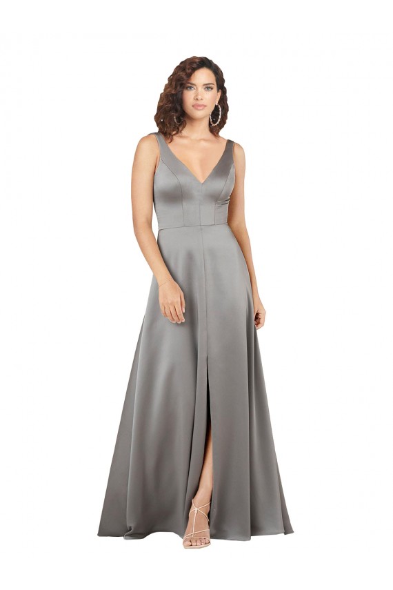 Compre Pearl Grey línea A Cuello en V Satén sedoso Largo Formales Vestidos de dama de honor / Vestidos de fiesta
